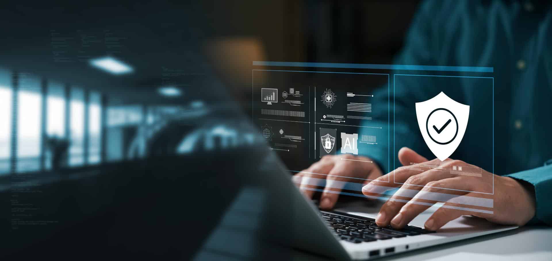 Man typing on a laptop with a display above the keyboard